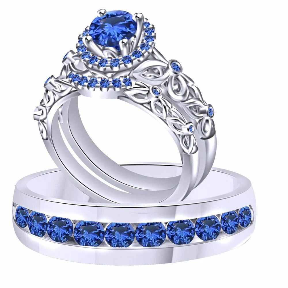 Band Nature Inspired Blue Gemstone Wedding Ring Set vs Cincin Kawin Lainnya