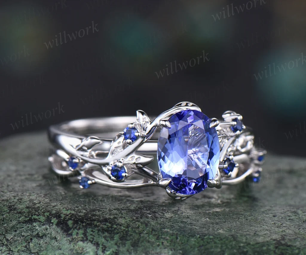 Kelebihan Band Nature Inspired Blue Gemstone Wedding Ring Set