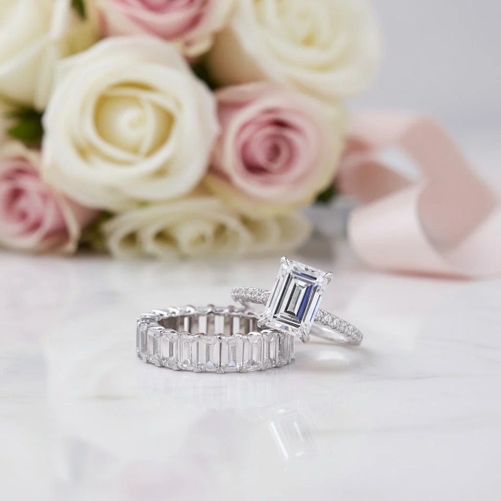 Perbandingan Bezel Emerald Cut Engagement Ring with Wedding Band dengan Cincin Lain